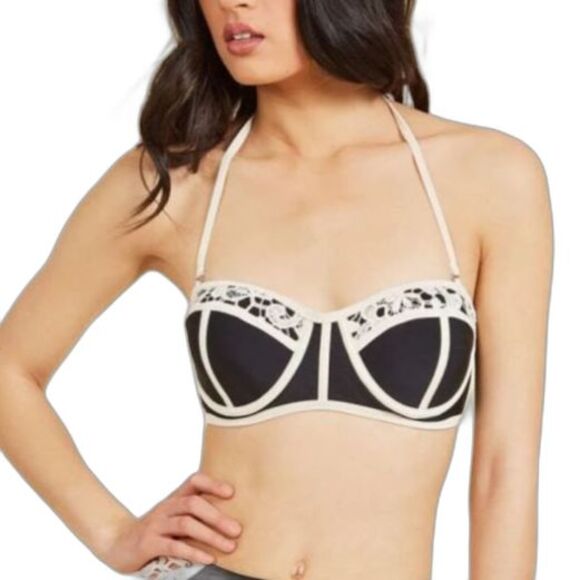 Marilyn Monroe NWT Black Ivory Lace Corset Style Halter Strapless Bikini Top L - Picture 1 of 11
